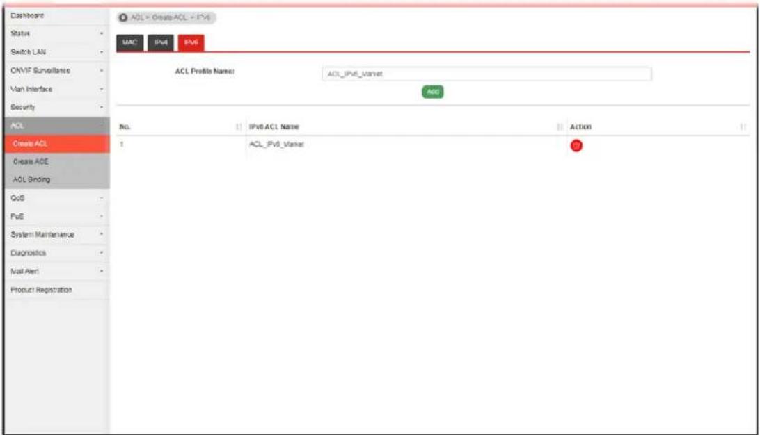 Dashboard Status Switch LAN ON/IF Surveillance Vian Interface Security ACL Create ACL Create ACE ACL Binding GoS PvE System Maintenance Diagnostics Mail Alert Product Registration ACL > Create ACL > IPV6 MAC IPv4 IPv6 ACL Profile Name: ACL_IPV6_Market ADD NCL IPv6 ACL Name Action 1 ACL_IPV6_Market