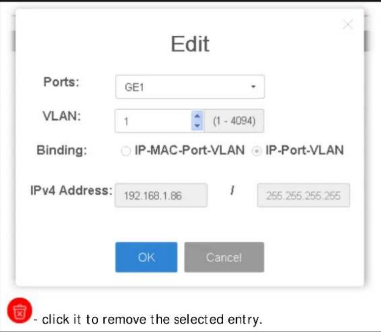 Edit Ports: GE1 VLAN: 1 (1 - 4094) Binding: IP-MAC-Port-VLAN IP-Port-VLAN IPv4 Address: 192.168.1.86 I 255.255.255.255 OK Cancel - click it to remove the selected entry.