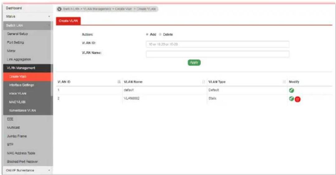 Switch LAN > VLAN Management > Delete Van > Create VLAN Create VLAN Action: Add Delete VLAN ID: 10 or 10.20 or 10-20 VLAN Name: Apply Clean Van Interface Dottings Voice VLAN MAC VLAN Surveillance VLAN EEE Multicast Jumbo Frame STP MAC Address Table Blocked Port Recover ON/VIF Surveillance VLAN ID VLAN Name VLAN Type Modify 1 default Default 2 VLAN9002 Static
