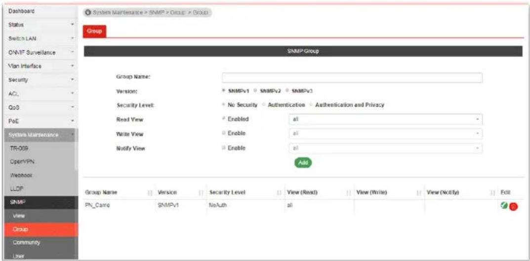 Dashboard Status Switch LAN ONVIF Surveillance Vian Interface Security ACL QoS PoE System Maintenance TR-009 OpenVPN Webhook LLDB SNMP View Group Community User SNMP Group Group Name: Version: Security Level: Read View: Write View: Notify View: SNMPv1 SNMPv2 SNMPv3 No Security Authentication Authentication and Privacy Enabled Enable Enable Enable Add Group Name Version Security Level View (Read) View (Write) View (Notify) Edit PN_Camio SNMPv1 NoAuth ali