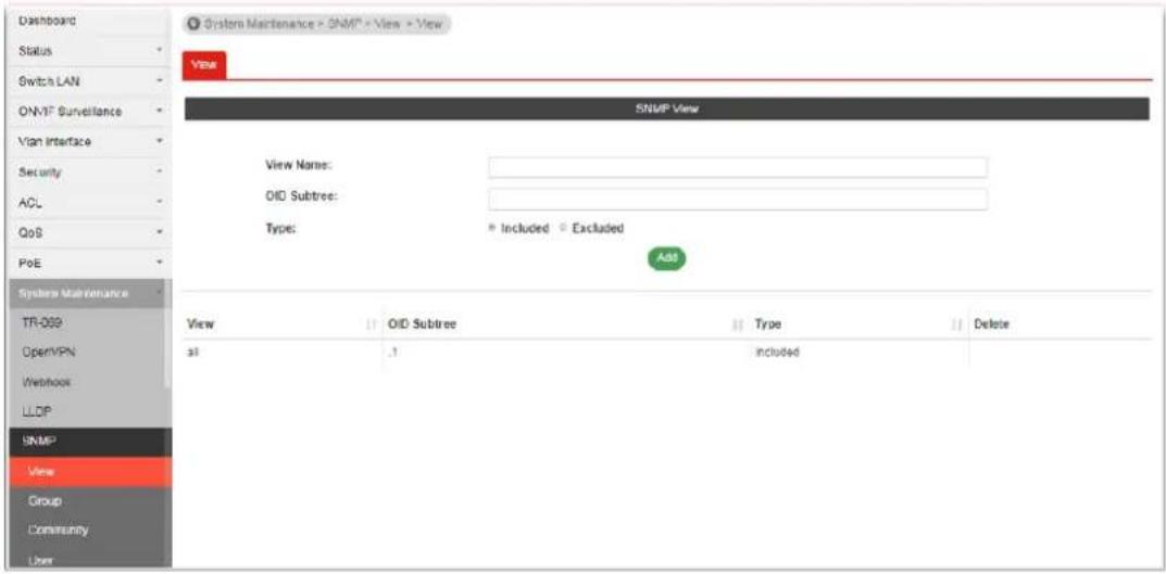 Dashboard Status Switch LAN ONVIF Surveillance Vian Interface Security ACL QoS PoE System Maintenance TR-009 OpenVPN Webhook LLDP SNMP View Group Community User System Maintenance > SNMP > View > View View SNMP View View Name: OID Subtree: Type: * Included * Excluded Add View IID Subtree Type Delete 31 .1 included
