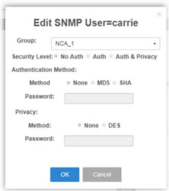 Edit SNMP User=carrie Group: NCA_1 Security Level: No Auth Auth Auth & Privacy Authentication Method: Method None MD5 SHA Password: Privacy: Method: None DES Password: OK Cancel
