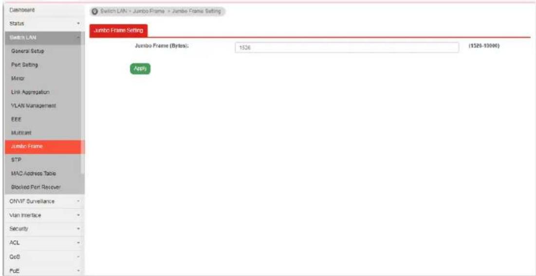 Switch LAN - Jumbo Frame - Jumbo Frame Setting Jumbo Frame Setting Jumbo Frame (Bytes): 1526 (1526-10000) Apply