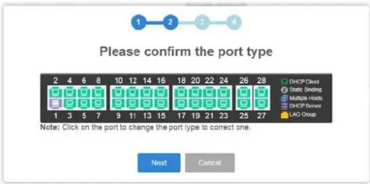 Please confirm the port type DHCP Client Static Binding Multiple Hosts DHCP Server LAO Group 1 2 3 4 1 3 5 7 8 9 10 11 12 13 14 15 16 17 18 19 20 21 22 23 24 25 26 27 28 Note: Click on the port to change the port type to correct one. Next Cancel