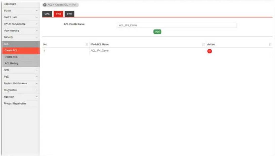 Diascans Status Switch LAN ON/IF Surveillance Van Interface Security ACL Create ACL Create ACE ACL Binding GoS PoE System Maintenance Diagnostics Mail Alert Product Registration MAC IPv6 IPv5 ACL Profile Name: ACL_IP4_Came ACG No. 1 IPv4 ACL Name Action ACL_IP4_Came 39