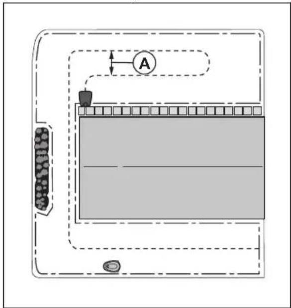 Diagram of a device layout with labeled components and directional arrows, including a circular component labeled 'A' and a grid-patterned base.