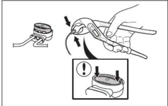 Diagram illustrating a manual tool application with a magnified view showing warning symbols and a close-up of the tool's tip.