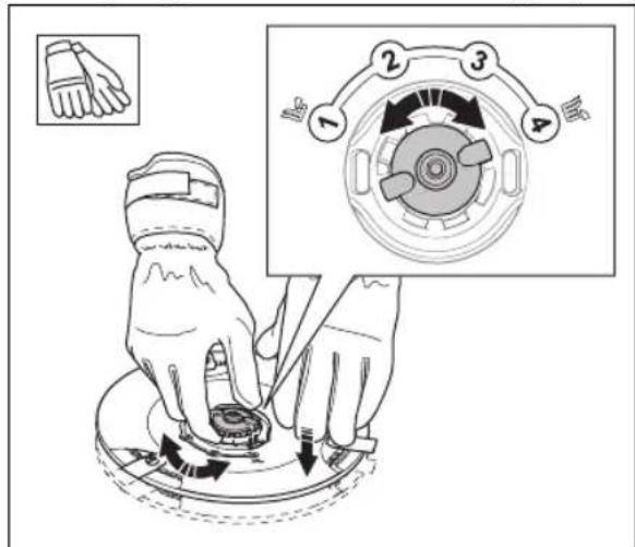 Diagram illustrating hand turning a motor with labeled components and directional arrows, including a magnified inset showing the component's rotation.