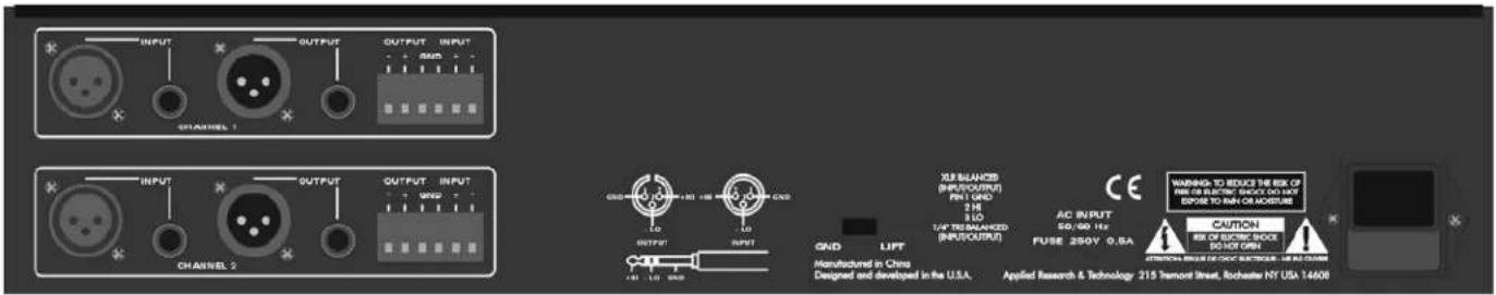 INPUT OUTPUT OUTPUT INPUT CHANNEL 1 CHANNEL 2 OUTPUT OUTPUT INPUT GND LO OUTPUT GND LIFT XLR BLUACHS (INPUT/OUTPUT) PIN: GND 2 H 3 L0 1/4" TIP/BLANZED (INPUT/OUTPUT) AC INPUT 50/90 Hz FUSE 280V 0.8A WARNING TO REDUCE THE RISK OF RISK FOR SWITCH SERVICE DO NOT EXPOSE TO MIN OR MOBURE CAUTION RISK OF SWITCH SHOCK DO NOT OPEN ATTENTION NAME OF CAN ELECTRIC SLAB CREAM Manufactured in China Designed and developed in the USA. Applied Research & Technology 215 Transport Street, Rochester NY USA 14608