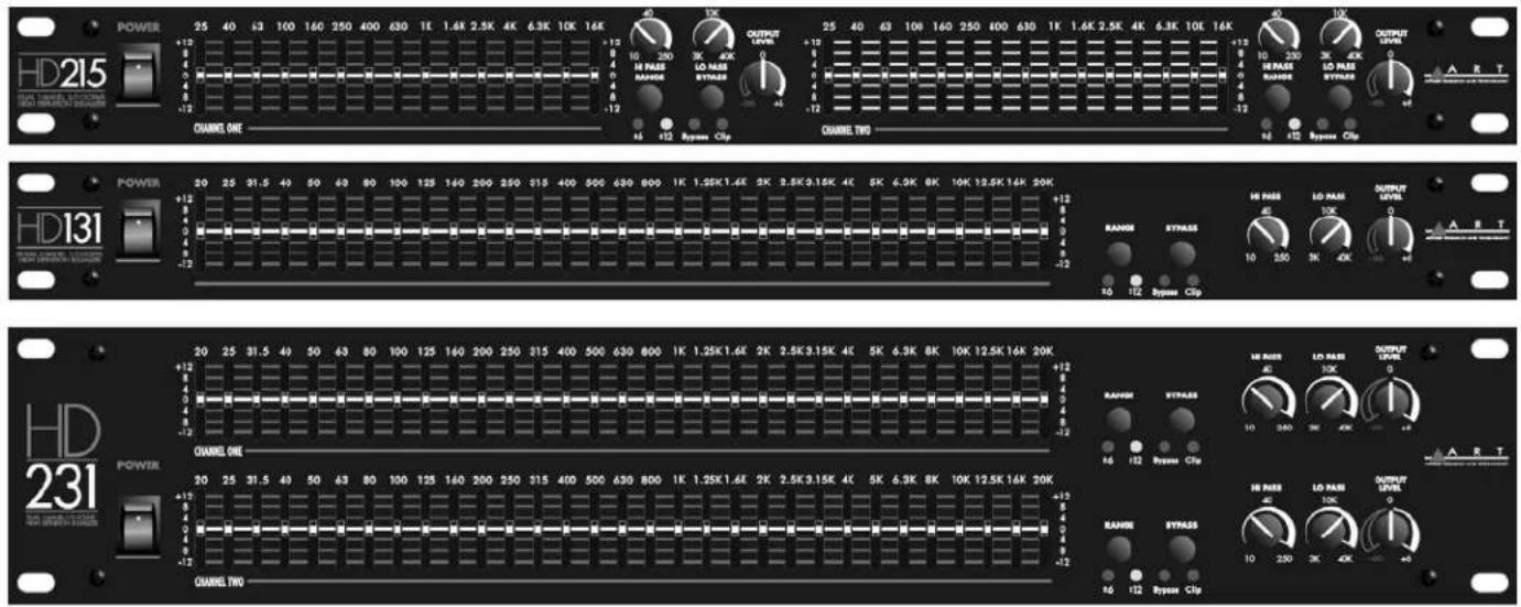 HD215 POWER 25 40 63 100 160 250 400 630 1K 1.6K 2.5K 4K 6.3K 10K 16K +12 8 6 4 2 -12 H PASS RASSER LO PASS SYPASS OUTPUT LAVEL +12 8 6 4 2 -12 H PASS RASSER LO PASS SYPASS OUTPUT LAVEL A R T HAID RASSER Clip CHANNEL ONE CHANNEL TWO HD131 POWER 20 25 31.5 40 50 49 80 100 125 140 200 250 515 400 500 430 800 1K 1.25K 1.4K 2K 2.5K 3.15K 4K 6K 6.2K 8K 10K 12.5K 14K 20K +12 8 6 4 -12 H PASS RASSER LO PASS LO PASS OUTPUT LAVEL +12 8 6 4 2 -12 H PASS RASSER LO PASS LO PASS OUTPUT LAVEL A R T HAID RASSER Clip CHANNEL ONE CHANNEL TWO HD231 POWER 20 25 31.5 40 50 63 80 100 125 160 200 250 315 400 500 630 800 1K 1.25K 1.6K 2K 2.5K 3.15K 4K 5K 6.2K 8K 10K 12.5K 14K 20K +12 8 6 4 -12 H PASS RASSER LO PASS LO PASS OUTPUT LAVEL +12 8 6 4 2 -12 H PASS RASSER LO PASS LO PASS OUTPUT LAVEL A R T