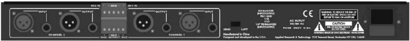 INPUT OUTPUT CHANNEL 2 CHN 1 IN OUTPUT CHANNEL 1 GND LIFT MANUFACTURED IN CHES DESIGNED AND DEVELOPED IN THE USA. UNIT 1 IN OUTPUT CHANNEL 1 XLR BLANZED (INPUT/OUTPUT) TENI GND 34K 1/4" TBLANZED (INPUT/OUTPUT) CACTON RISK OF ELECTRIC SHOCK DO NOT EXPOSE TO RAIN OR MOBURE AD INPUT 50/60 Hz PULSE 350V 0.5A WARNING TO REDUCT THE RISK OF FIRE OR ELECTRIC SHOCK DO NOT EXPOSE TO RAIN OR MOBURE ATTRACTION INSIDE DE DISCUITAGE - RE OSOBER CAUTION RISK OF ELECTRIC SHOCK DO NOT EXPOSE TO RAIN OR MOBURE