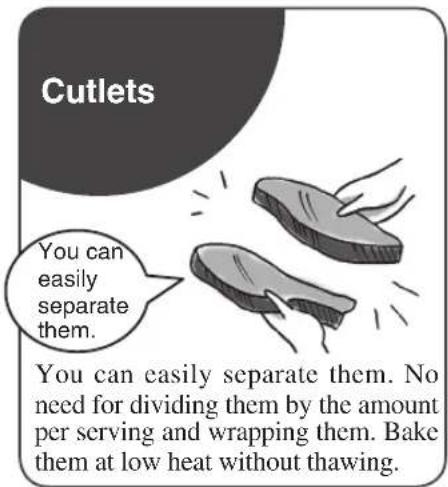 Cutlets You can easily separate them. You can easily separate them. No need for dividing them by the amount per serving and wrapping them. Bake them at low heat without thawing.