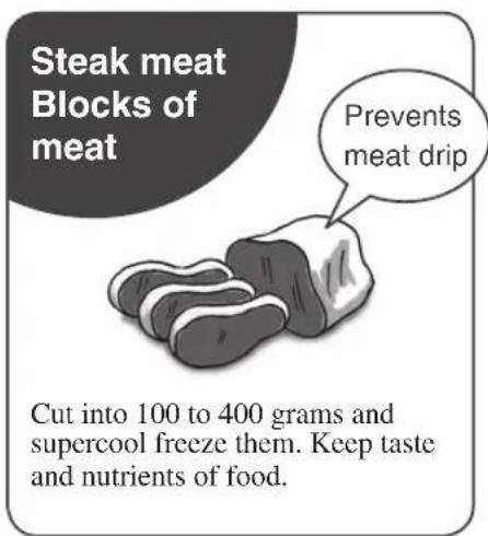Steak meat Blocks of meat Prevents meat drip Cut into 100 to 400 grams and supercool freeze them. Keep taste and nutrients of food.