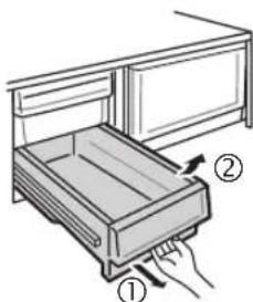 Diagram showing a hand inserting a drawer into a cabinet, labeled with arrows indicating the process.