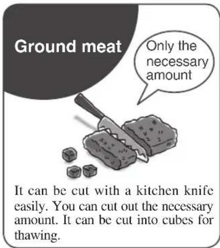 Ground meat Only the necessary amount It can be cut with a kitchen knife easily. You can cut out the necessary amount. It can be cut into cubes for thawing.