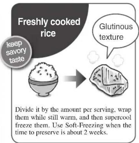 Freshly cooked rice keep savory taste Glutinous texture Divide it by the amount per serving, wrap them while still warm, and then supercool freeze them. Use Soft-Freezing when the time to preserve is about 2 weeks.