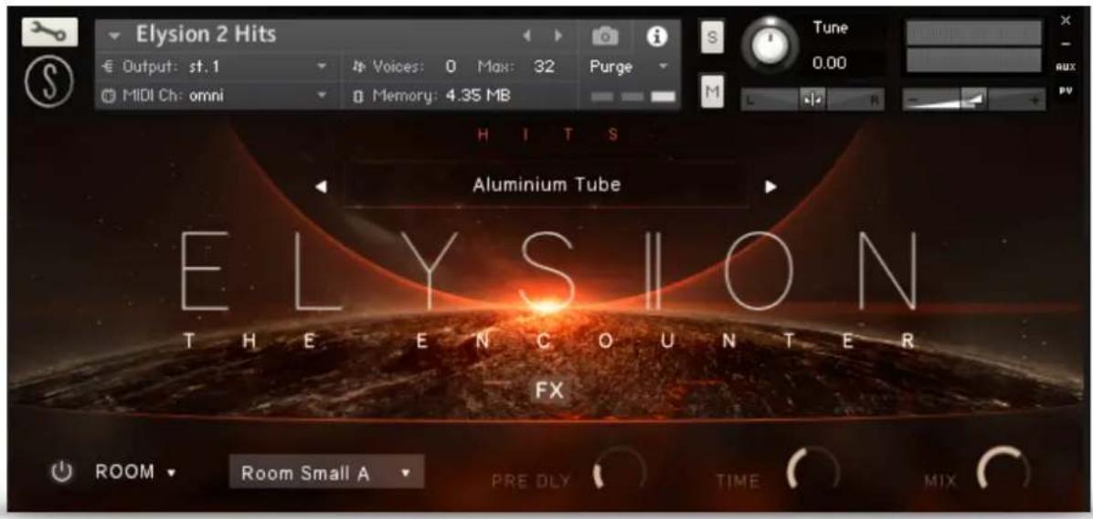 Elysion 2 Hits € Output: st.1 MIDI Ch: omni Voices: 0 Max: 32 Purge Memory: 4.35 MB Tune 0.00 HITS Aluminium Tube ELYSION THE ENCOUNTER FX ROOM Room Small A PRE DLY TIME MIX