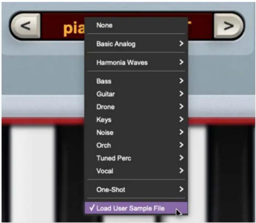 None Basic Analog > Harmonia Waves > Bass > Guitar > Drone > Keys > Noise > Orch > Tuned Perc > Vocal > One-Shot > Load User Sample File >