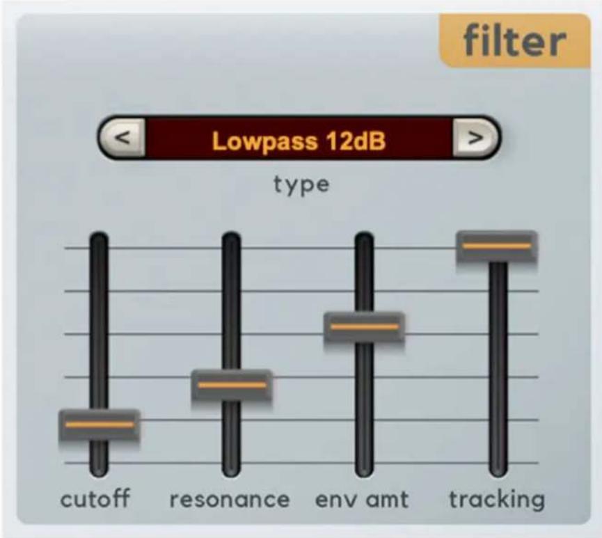 filter Lowpass 12dB type cutoff resonance env amt tracking