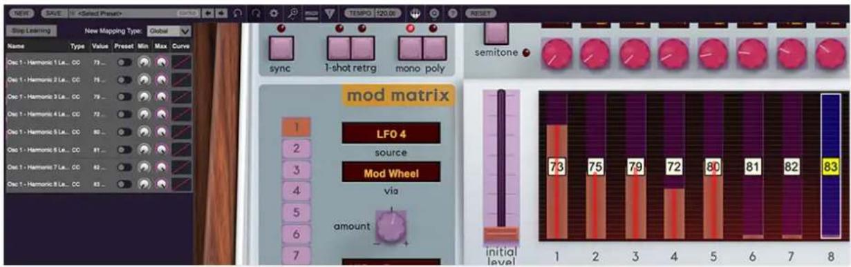 NEW SASIE Stop Learning New Mapping Type: Global Name Type Value Preset Min Max Curve Dec 1 - Harmonic 1 La... CC 75 ... Dec 1 - Harmonic 2 La... CC 76 ... Dec 1 - Harmonic 3 La... CC 79 ... Dec 1 - Harmonic 4 La... CC 72 ... Dec 1 - Harmonic 5 La... CC 80 ... Dec 1 - Harmonic 6 La... CC 81 ... Dec 1 - Harmonic 7 La... CC 82 ... Dec 1 - Harmonic 8 La... CC 83 ... sync 1-shot retrg mono poly semitone mod matrix LFO 4 source Mod Wheel via amount 73 75 79 72 80 81 82 83 initial level