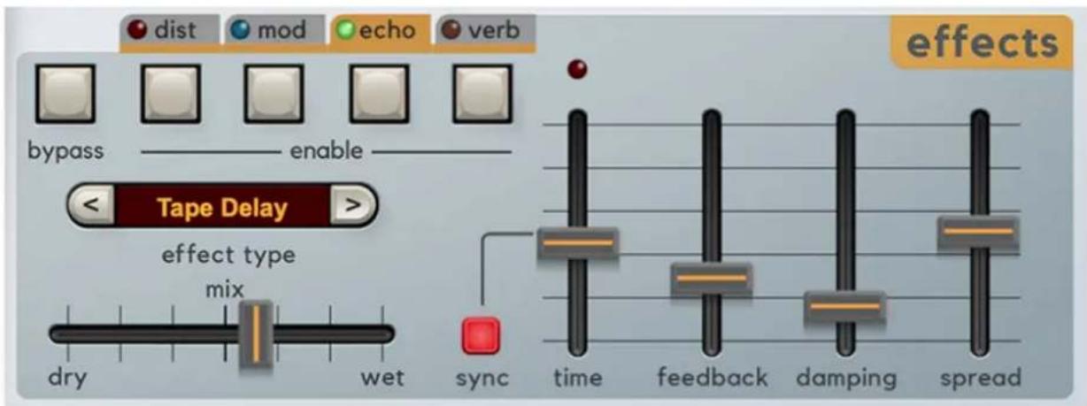 dist mod echo verb bypass enable < Tape Delay > effect type mix dry wet sync time feedback damping spread effects