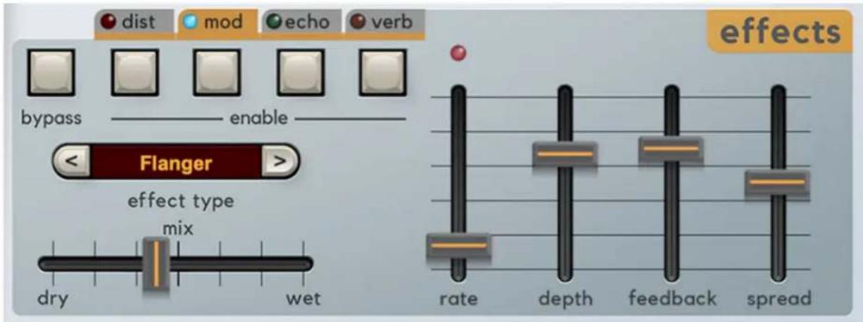 dist mod echo verb bypass enable Flanger effect type mix dry wet effects rate depth feedback spread