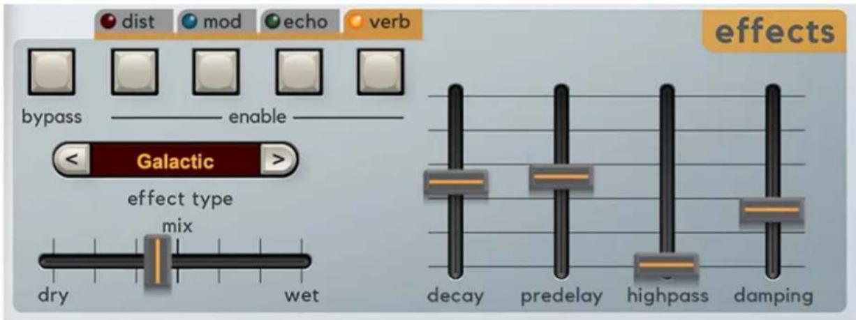 dist mod echo verb bypass enable Galactic effect type mix dry wet decay predelay highpass damping effects