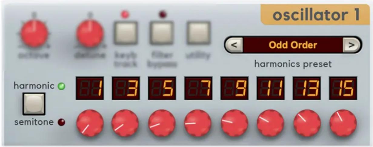 oscillator 1 Odd Order harmonics preset harmonic ● 88 83 85 87 89 91 93 95 semitone ●