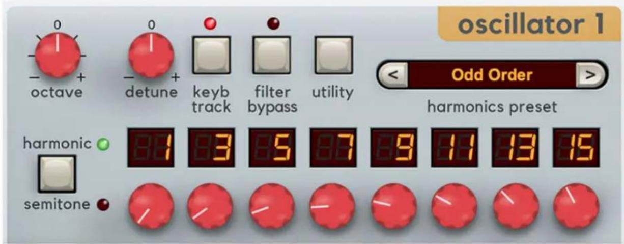 oscillator 1 0 - + octave 0 - + detune keyb track filter bypass utility Odd Order > harmonics preset harmonic 86 83 85 87 89 91 93 95 semitone
