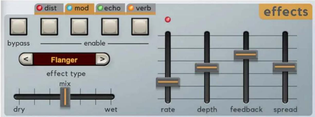 dist mod echo verb bypass enable Flanger effect type mix dry wet effects rate depth feedback spread