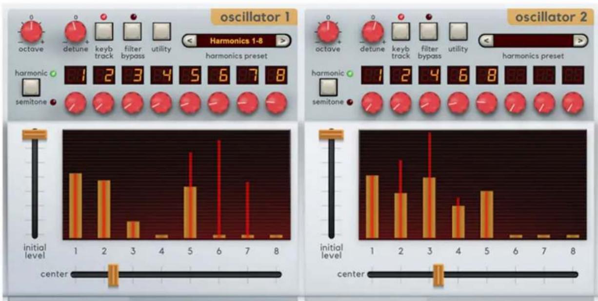 oscillator 1 harmonics 1-8 > harmonics preset octave detune keyb track filter bypass utility harmonic semitone 1 2 3 4 5 6 7 8 oscillator 2 octave detune keyb track filter bypass utility harmonic semitone 1 2 3 4 5 6 7 8 initial level center initial level center