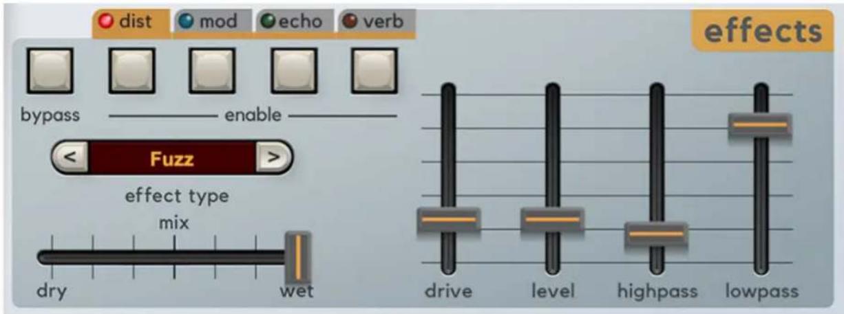 dist mod echo verb bypass enable Fuzz effect type mix dry wet effects drive level highpass lowpass