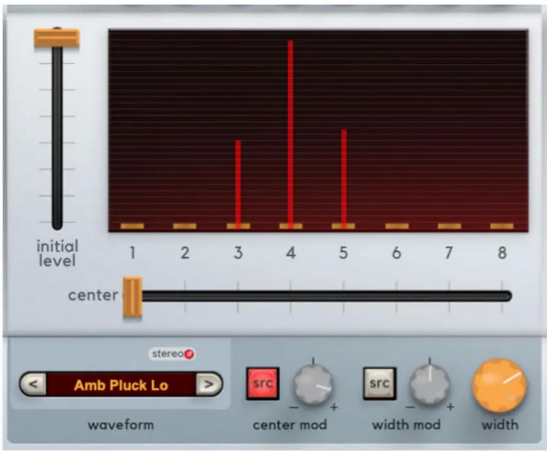 initial level 1 2 3 4 5 6 7 8 center stereo Amb Pluck Lo waveform src - + center mod src - + width mod width