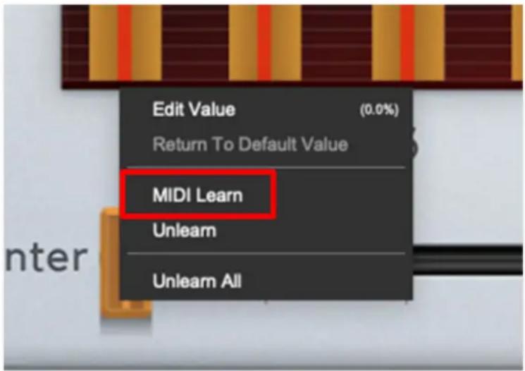 Edit Value (0.0%) Return To Default Value MIDI Learn Unlearn Unlearn All