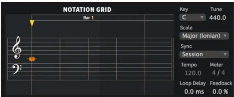 NOTATION GRID Bar 1 Key Tune C 440.0 Scale Major (Ionian) Sync Session Tempo Meter 120.0 4 / 4 Loop Delay Feedback 0.0 ms 0.0 %