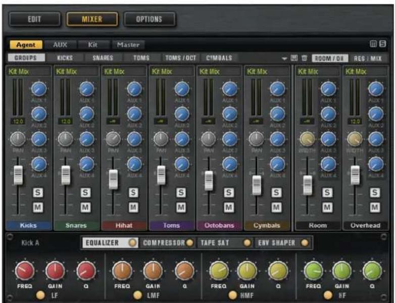 EDIT MIXER OPTIONS Agent AUX Kit Master GROUPS KICKS SNARES TOMS TOMS / OCT CYPBALS ROOM / OE RES / MIX Kit Mix Kit Mix Kit Mix Kit Mix Kit Mix Kit Mix Kit Mix Kit Mix Kicks Snares Hihat Toms Octobans Cymbals Room Overhead Kick A EQUALIZER COMPRESSOR TAPE SAT ENV SHAPER FREQ GAIN Q FREQ GAIN Q FREQ GAIN Q FREQ GAIN Q LF LMF HMF RF