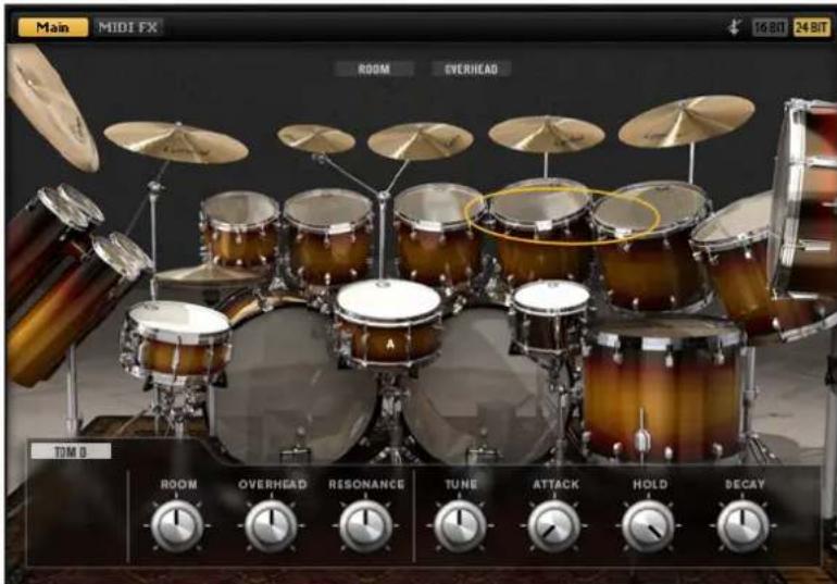 Main MIDI FX 16 BIT 24 BIT ROOM OVERHEAD TOM B ROOM OVERHEAD RESONANCE TUNE ATTACK HOLD DECAY