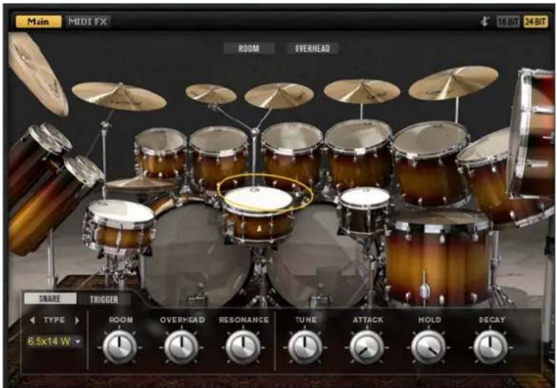 Main MIDI FX ROOM OVERHEAD SNARE TRIGGER TYPE ROOM OVERHEAD RESONANCE TUNE ATTACK HOLD DECAY 6.5x14 W