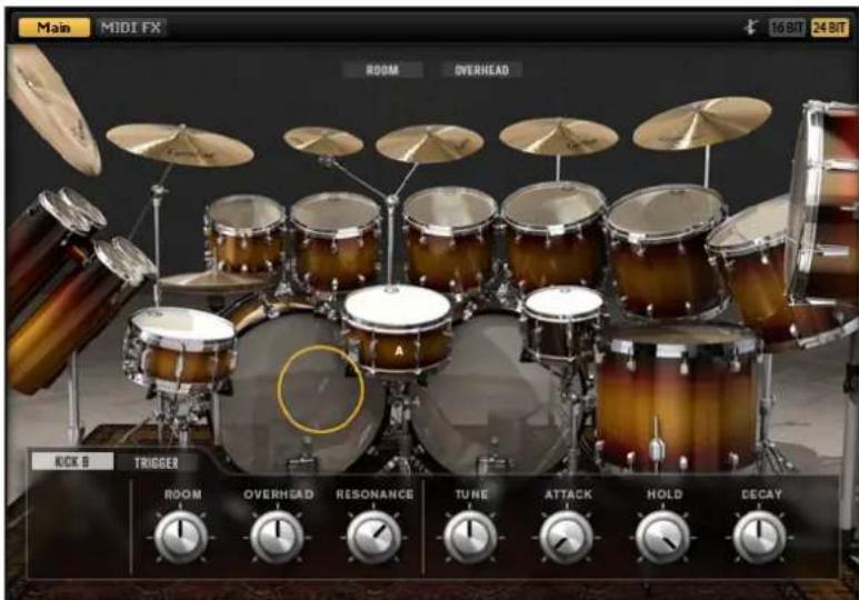 Main MIDI FX 16 BIT 24 BIT ROOM OVERHEAD KICK B TRIGGER ROOM OVERHEAD RESONANCE TUNE ATTACK HOLD CEAY