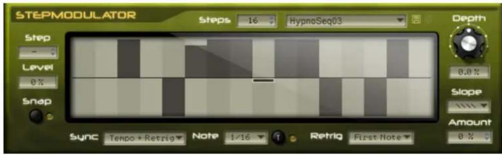 STEPMODULATOR Steps 16 HypnoSeq03 Step Level 0% Snap Sync Tempo + Retrig Note 1/16 Retrig First Note Depth 0.8% Slope Amount 0%