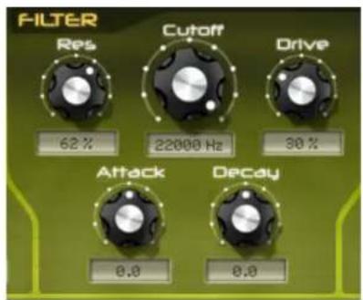 FILTER Res Cutoff Drive 62% 22000 Hz 30% Attack Decay 0.0 0.0