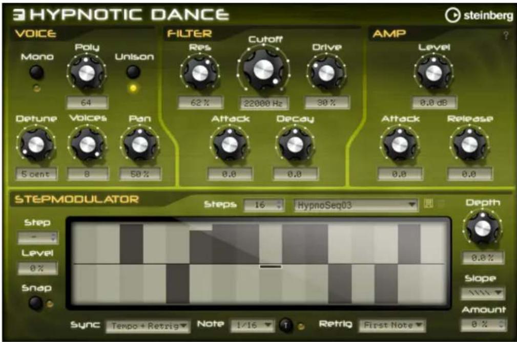 3HYPNOTIC DANCE steinberg VOICE Mono Poly Unison 64 FILTER Res Cutoff Drive 62% 22000 Hz 90% Detune Voices Pan Attack Decay 5 cent 8 50% 0.0 dB 0.0 AMP Level Attack Release 0.0 STEPMODULATOR Steps 16 HypnoSeq03 Depth Step Level 0% Snap Sync Tempo + Retrig Note 1/16 Retrig First Note Amount 0%