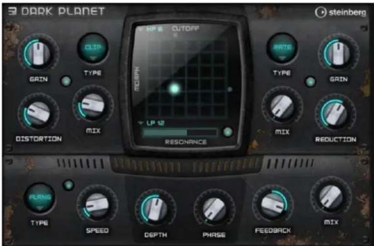 DARK PLANET HP B CUTOFF steinberg GAIN TYPE DISTORTION MIX RORPH UP 12 RESONANCE RATE TYPE GAIN MIX REDUCTION FLANG TYPE SPEED DEPTH PHASE FEEDBACK MIX