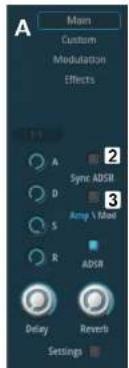 A Main Custom Modulation Effects A 2 Sync ADSR D 3 Amp & Max S R ADSR Delay Reverb Settings