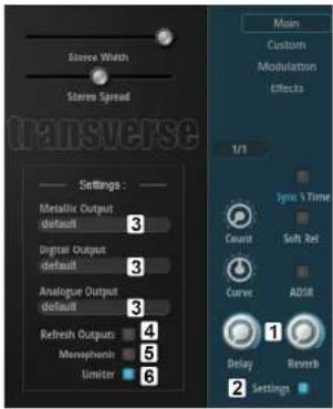 Stereo Width Stereo Spread Transverse Main Custom Modulation Effects 1/1 Sync Y Time Count Soft Ref Curve AOSR Delay Reverb Settings