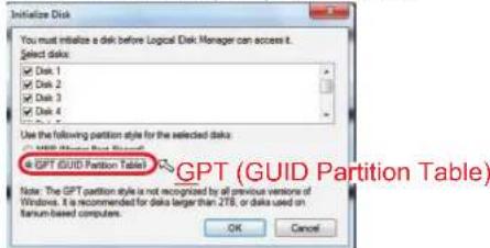 Initialize Disk You must initialize a disk before Logical Disk Manager can access it. Select disks: Disk 1 Disk 2 Disk 3 Disk 4 Use the following partition style for the selected disks: GPT GUID Partition Table Note: The GPT partition style is not recognized by all previous versions of Windows. It is recommended for disks larger than 2TB, or data used on forum-based computers. OK Cancel