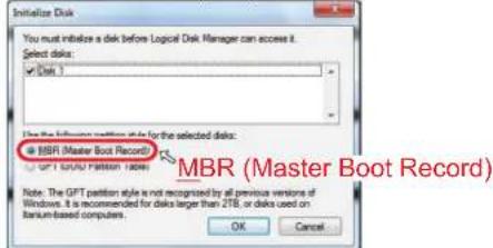 Initialize Disk You must initialize a disk before Logical Disk Manager can access it. Select disks: Disk 1 Use the following settings style for the selected disks: MBRI (Master Boot Record) GIFT LOGU Partition Table Note: The GIFT partition style is not recognized by all previous versions of Windows. It is recommended for disks larger than 2TB, or disks used on Iramium-based computers. OK Cancel MBR (Master Boot Record)