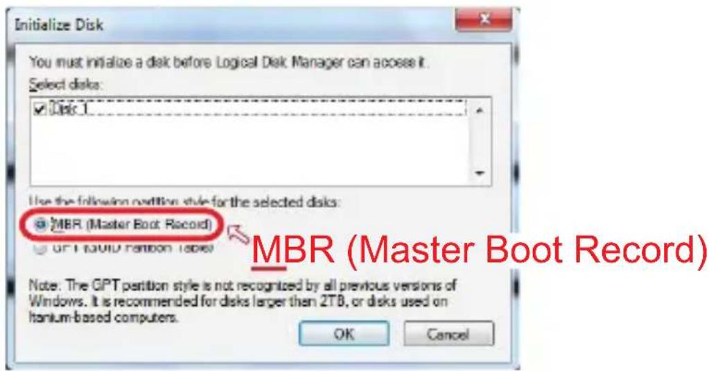 Initialize Disk You must initialize a disk before Logical Disk Manager can access it. Select disks: ✓ Disk 1 Use the following partition style for the selected disks: ● MBR (Master Boot Record) ○ GPT RAID Random Table MBR (Master Boot Record) Note: The GPT partition style is not recognized by all previous versions of Windows. It is recommended for disks larger than 2TB, or disks used on Itanium-based computers. OK Cancel