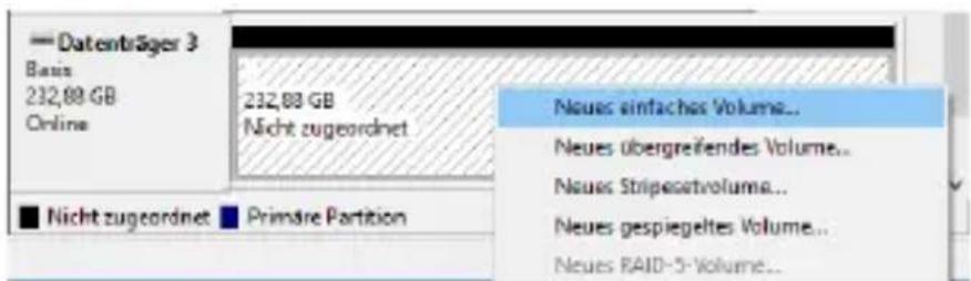 Datenträger 3 Baus 232,88 GB Online 232,88 GB Nicht zugeordnet Nicht zugeordnet Primäre Partition Neues einfachos Volume... Neues übergreifendes Volume... Neues Stripeoctvolume... Neues gespiegeltes Volume... Neues RAID-5-Volume...
