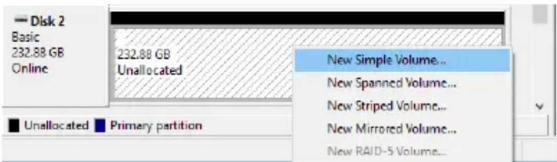 Disk 2 Basic 232.88 GB Online 232.88 GB Unallocated New Simple Volume... New Spanned Volume... New Striped Volume... New Mirrored Volume... New RAID-5 Volume... Unallocated Primary partition
